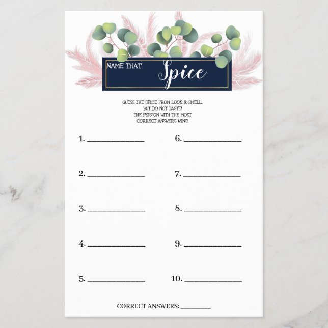 Name that Spice PampasGrass BridalShower Game Card Flyer (Front)