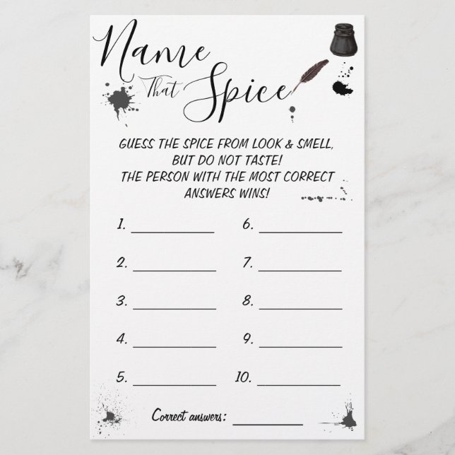 Name that Spice | Pen & Inkwell Game Card Flyer (Front)