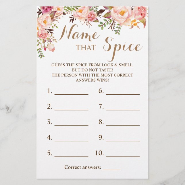 Name that Spice Pink Floral Game Card Flyer (Front)