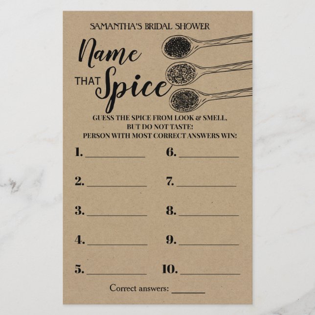 Name that Spice Rustic Bridal Shower Game Card Flyer (Front)
