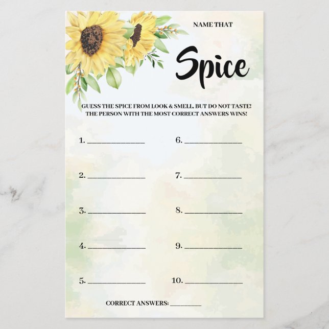 Name that Spice Sunflowers Bridal Shower Game Card Flyer (Front)