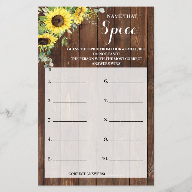 Name that Spice Sunflowers Bridal Shower Game Card Flyer (Front)