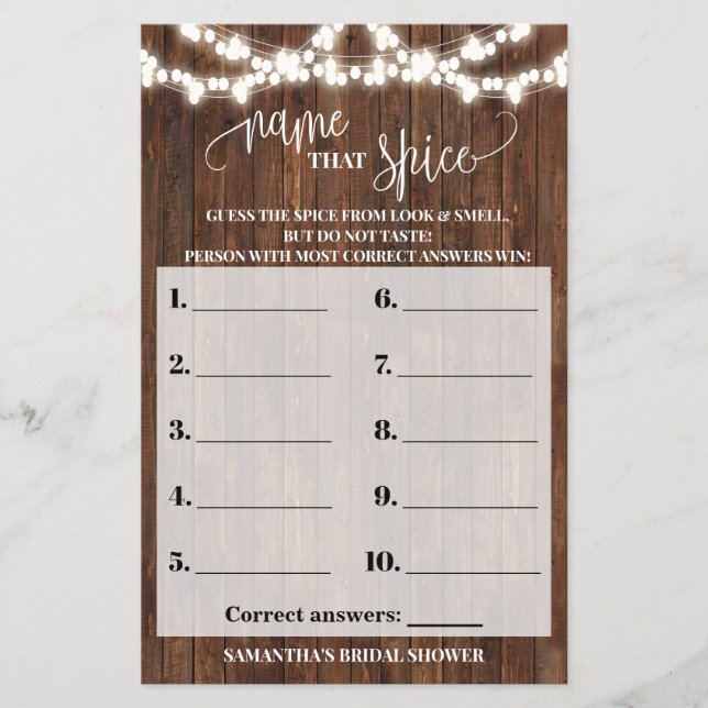 Name that Spice Western Bridal Shower Game Card Flyer (Front)