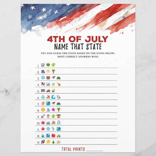 Name that State Icon 4th of July Party Game (Front)
