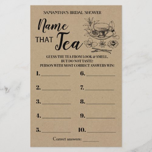 Name that Tea Rustic Bridal Shower Game Card Flyer