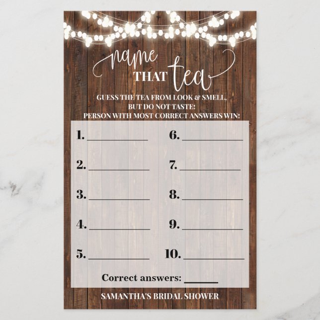 Name that Tea Western Bridal Shower Game Card Flyer (Front)