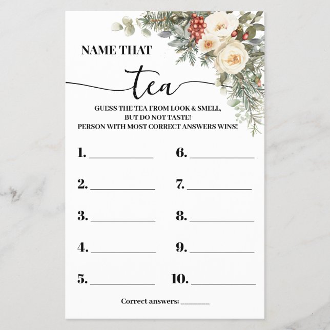 Name that Tea Winter Bridal Shower Game Card Flyer (Front)