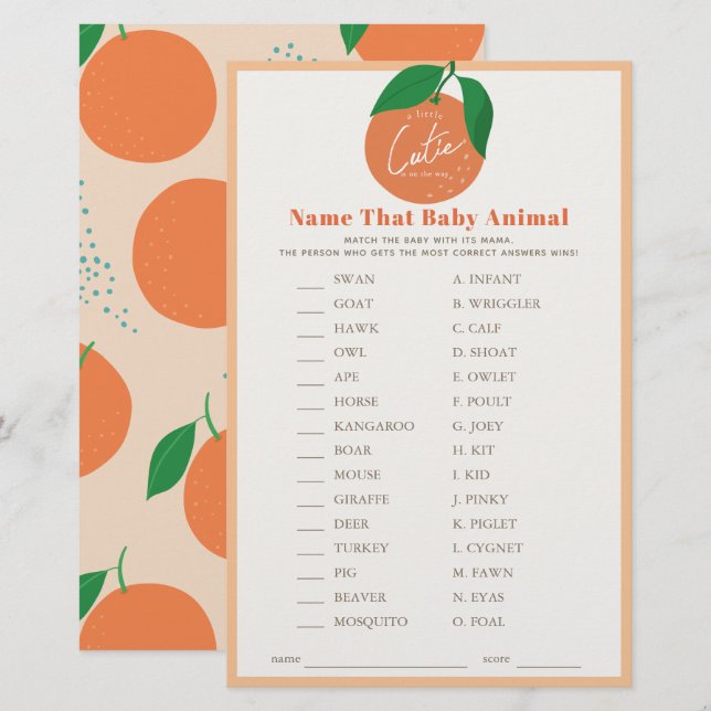 Name the Baby Animal Orange Baby Shower Game (Front/Back)