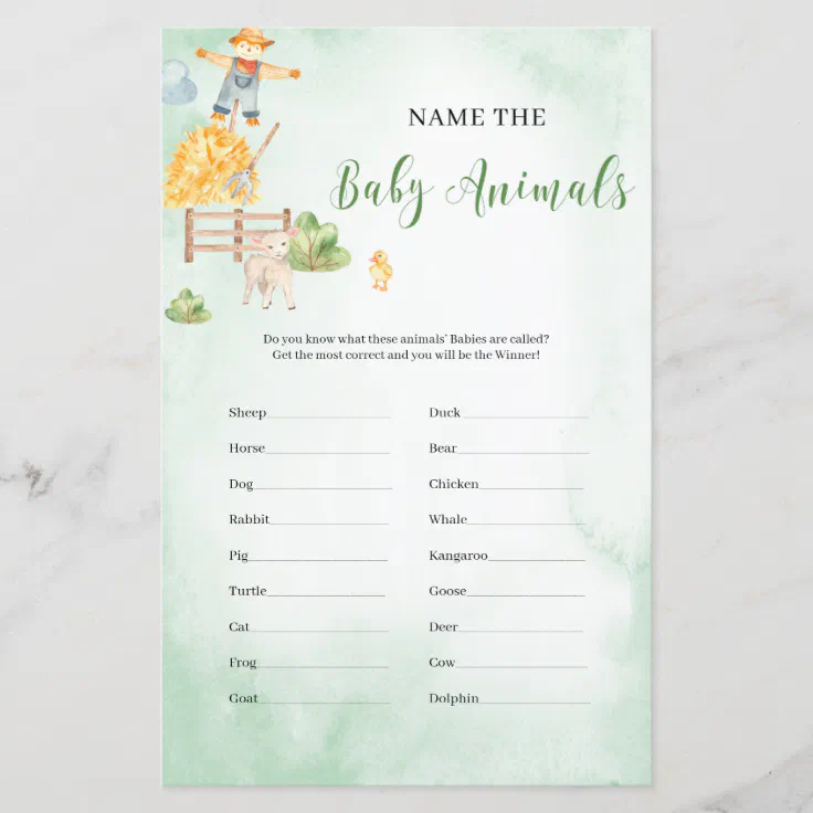 Name the baby animals baby shower game farm | Zazzle