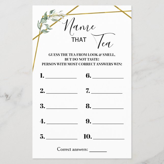 Name the Tea Greenery Gold Bridal Shower Game Card Flyer (Front)