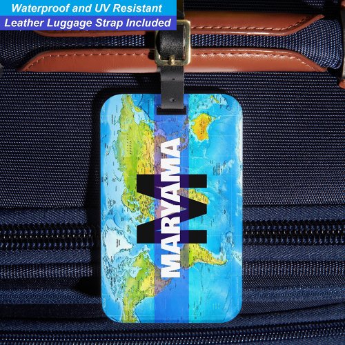 Name Traveler with World Map | Monogram Initial Luggage Tag