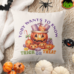 Name Trick or Treat Spooky Kids Halloween Candy Throw Pillow
