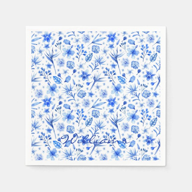 Name Tropical Flowers Cobalt Blue Cocktail Napkins (Front)