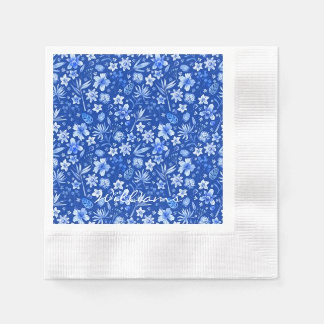 Name Tropical Flowers Cobalt Blue Coined Cocktail Napkins (Front)