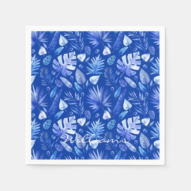 Name Tropical Leaves Cobalt Blue Standard Cocktail Napkins (Front)
