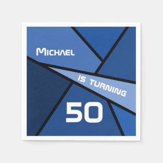 NAME Turning 50 Birthday Abstract Blue Geometric Napkins