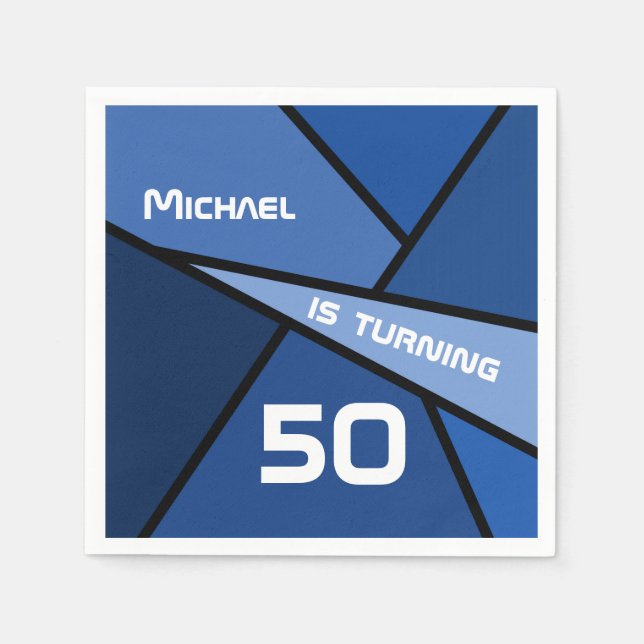 NAME Turning 50 Birthday Abstract Blue Geometric Napkins (Front)
