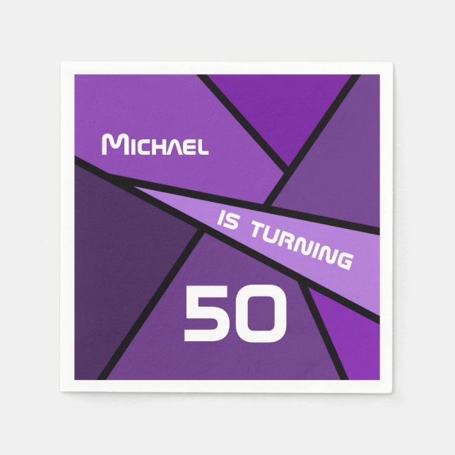 NAME Turning 50 Birthday Abstract Purple Geometric Napkins (Front)