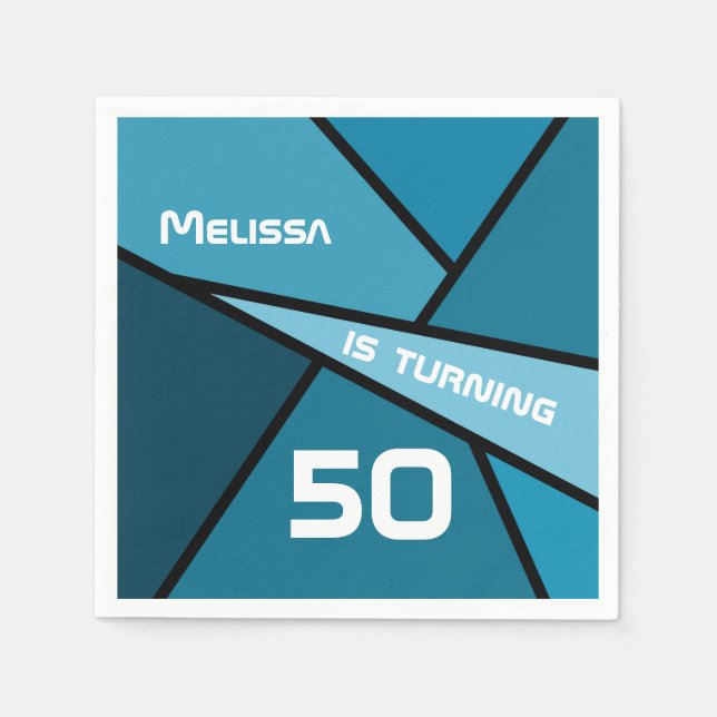NAME Turning 50 Birthday Abstract Teal Geometric Napkins (Front)
