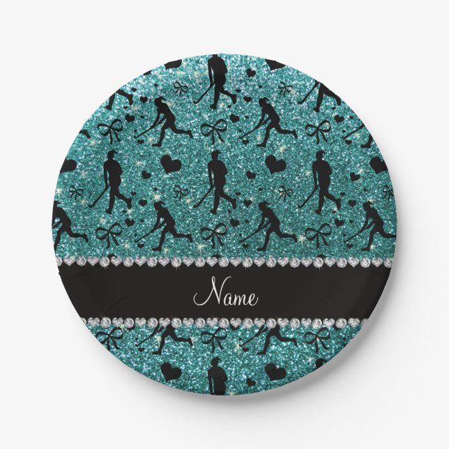 Name turquoise glitter field hockey hearts bows paper plates (Front)