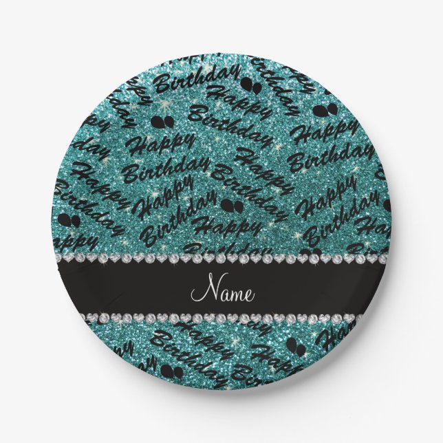 Name turquoise glitter happy birthday balloons paper plates (Front)