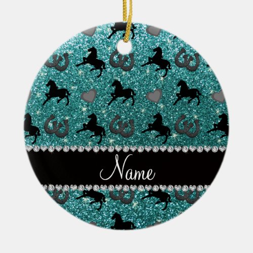 Name turquoise glitter horses hearts horseshoe ceramic ornament