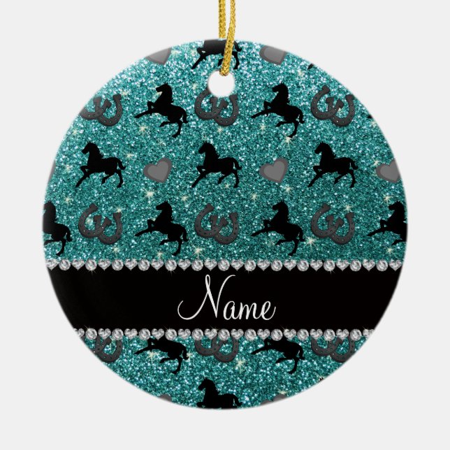 Name turquoise glitter horses hearts horseshoe ceramic ornament (Front)