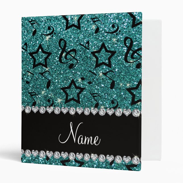 Name turquoise glitter music notes stars 3 ring binder (Front/Inside)