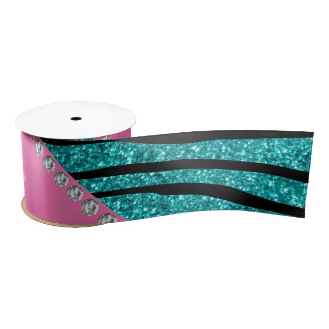 Name turquoise glitter zebra stripes pink stripe satin ribbon (Spool)