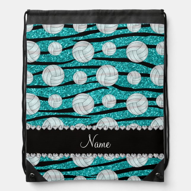 Name turquoise glitter zebra stripes volleyballs drawstring bag (Front)