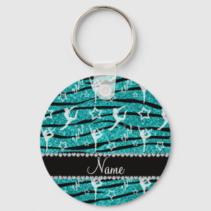Name turquoise gymnastics glitter zebra stripes keychain