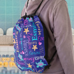 Name turtle seastar pattern pink blue aqua coral  drawstring bag<br><div class="desc">Cute girls sea themed bag with your own short name, currently reads Esmira. A pretty decorative pink, purple, white, aqua and coral text watercolor turtles, starfish and hearts patterned bag on a dark blue background color which can be changed if required. Great for taking to swimming. If you require other...</div>