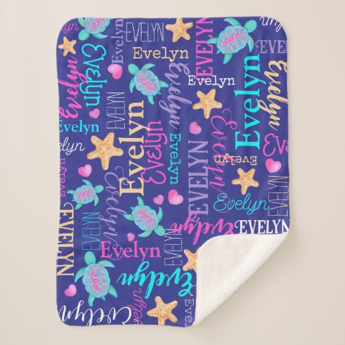 Name turtle seastar pattern pink blue aqua coral  sherpa blanket