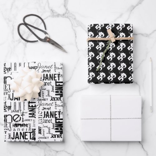 Name Typography Black White Word Cloud 50th Wrapping Paper Sheets