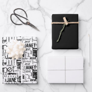 Name Typography Black White Word Cloud Wrapping Paper Sheets