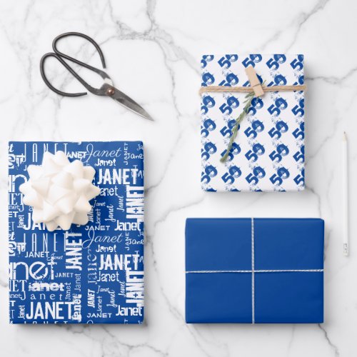 Name Typography Blue White Word Cloud 50th Wrapping Paper Sheets