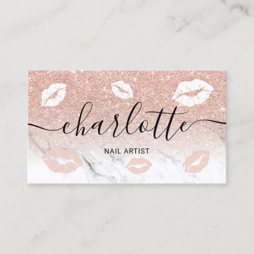Name typography rose gold glitter marble lips business card