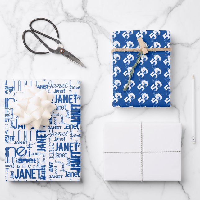 Name Typography White Blue Word Cloud 50th Wrapping Paper Sheets (Front)