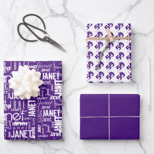 Name Typography  White Purple Word Cloud 50th Wrapping Paper Sheets