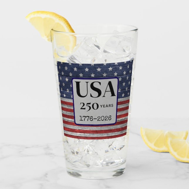 Name USA 250 years 1776-2026 Red Blue Stars Pint Glass (Front Ice)