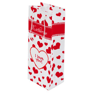 'Name' Valentine's Day Red Random Hearts Pattern Wine Gift Bag