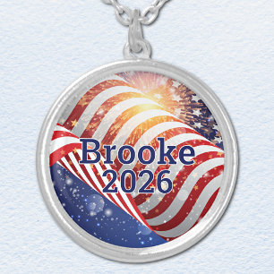 Name, Vibrant Patriotic 1.125-inch, Silver Plated Necklace