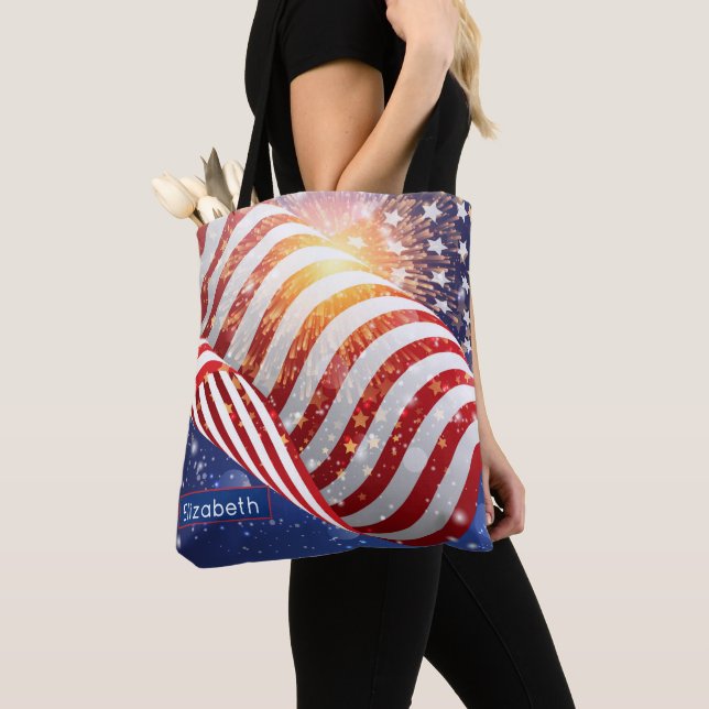 Name, Vibrant Waving Flag and Fireworks Shoulder Tote Bag (Close Up)