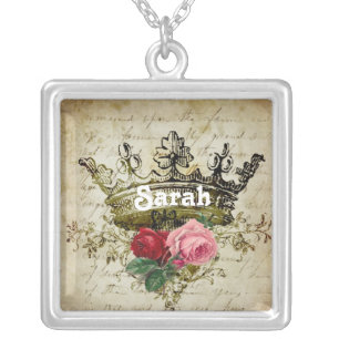 Name Vintage Rose and Crown Square Necklace
