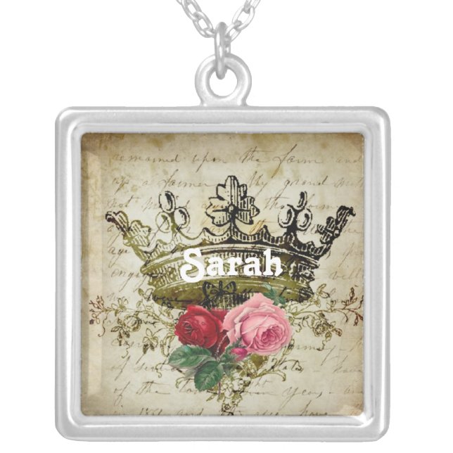 Name Vintage Rose and Crown Square Necklace (Front)