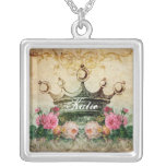 Name Vintage Rose And Crown Square Necklace at Zazzle