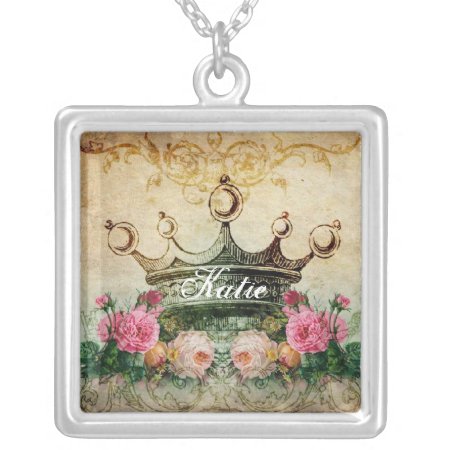 Name Vintage Rose And Crown Square Necklace