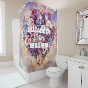 Name Vintage Watercolor of Colorful Roses Heart Shower Curtain