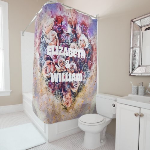 Name Vintage Watercolor of Colorful Roses Heart  Shower Curtain