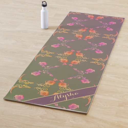 Name w Rose Hearts on Plum Yoga Mat